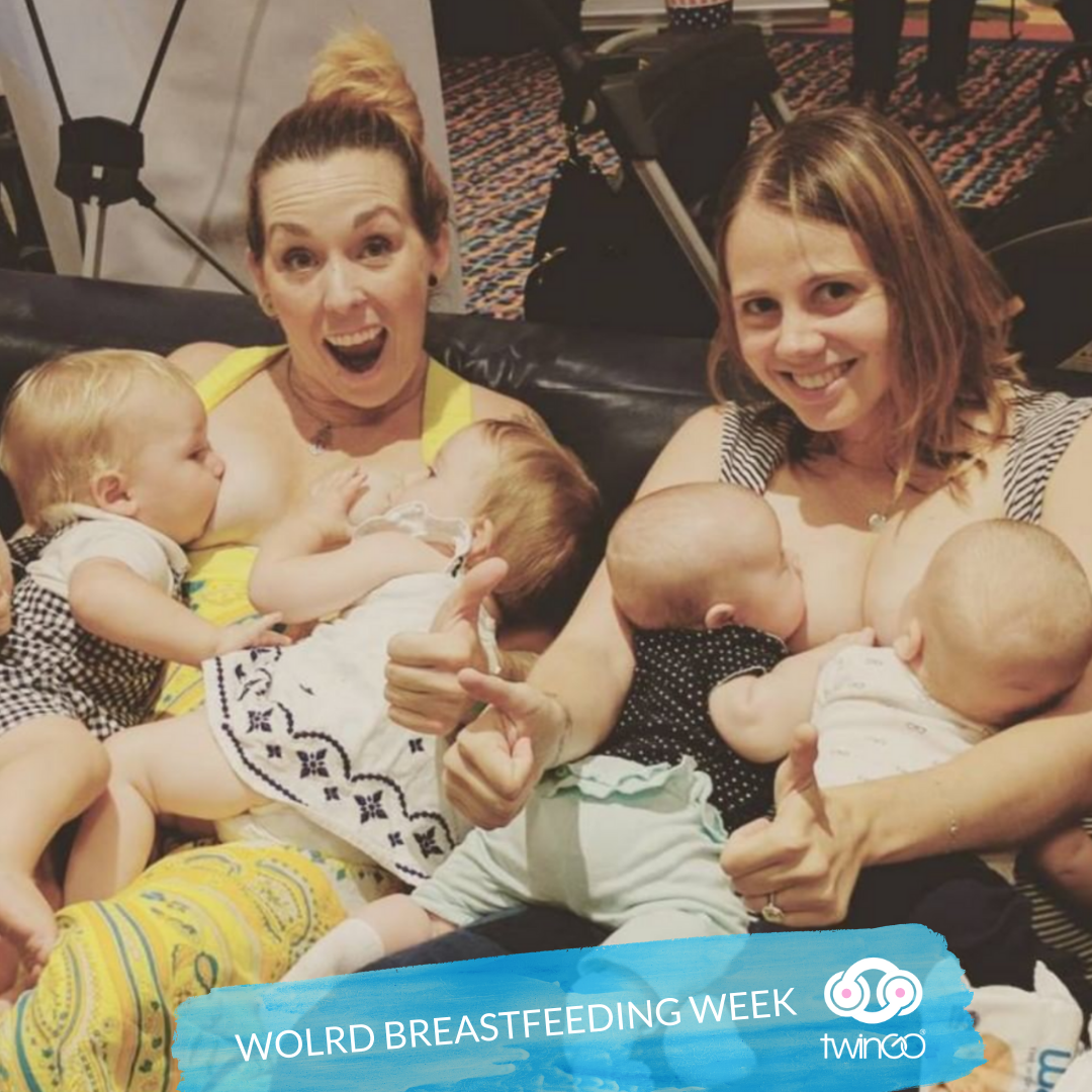 🎉To kick off World Breastfeeding Week, two happy rockstar twin mamas showing off their tandem nursing skills 💪👶👶 
📷 @renatebakes   
#worldbreastfeedingweek #tandemnursing #breastfeedingtwins #tandembreastfeeding  #milkymamas  #twingocarrier