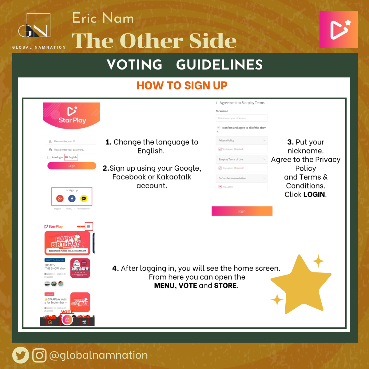 STARPLAY   #VotingGuide (2/3) #EricNamScheduleDon't forget to vote Eric Nam on MWAVE & WHOSFAN for MNet Countdown., and STARPLAY for The Show.(Please see separate guidelines.) #EricNam  #에릭남  #TheOtherSide  #ParadiseWithEricNam  #DownForEricNam