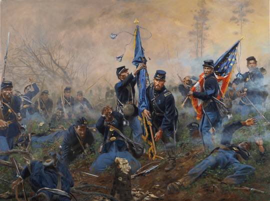 During the Battle of Chafin's Farm, Holland was serving as Sergeant Major of Company C, 5th USCI when they assaulted New Market Heights. During the battle, he assumed command of the company when all of the officers were killed or wounded.