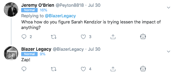 SCREENSHOTS/ Here are some of the dozens of false attacks on NYT bestselling author, MSNBC analyst, and superlative Trump critic Sarah Kendzior by the "Uncle Blazer" entity ("zap!" signifies that the entity is blocking a commenter on its feed):