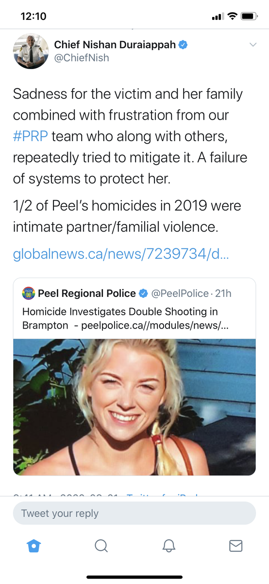  @ChiefNish called it “A failure of systems to protect her”. The Peel Regional Police Association  @peel_pa went further and blamed the Judges, JP’s and Judicial system for allowing this to happen. The Chief of Police for Halton  @ChiefTanner decried the institution of bail. 3/13