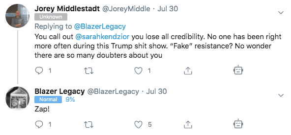 SCREENSHOTS/ Here are some of the dozens of false attacks on NYT bestselling author, MSNBC analyst, and superlative Trump critic Sarah Kendzior by the "Uncle Blazer" entity ("zap!" signifies that the entity is blocking a commenter on its feed):