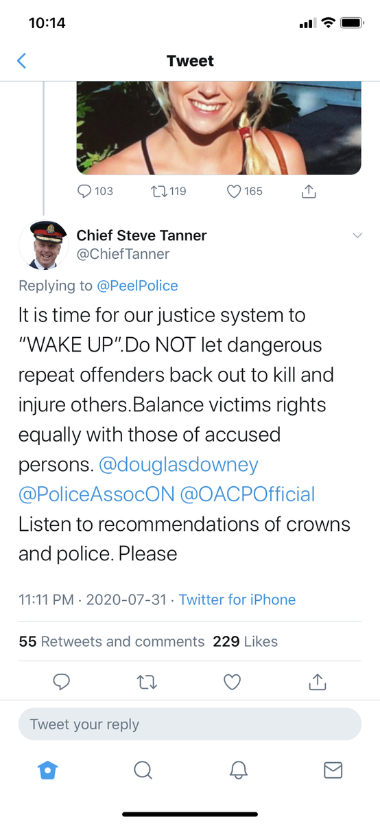  @ChiefTanner simplifies the issue into a call not to let dangerous repeat offenders back out. Law be damned. In Canada reasonable bail is a right. It is complex and nuanced. He resorts to a blunt instrument of jail. This is dangerous rhetoric. 7/13