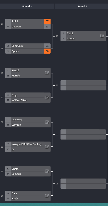 StarTrekBoi's tweet image. Check out, at a glance, what the up coming matches in #STWC are!  Personally I am nervous for my favourite @JonathanDelArco's Hugh taking on Data on Thursday.  I think EMH vs Q will be a tricky one to predict too!  @SteveJB1701