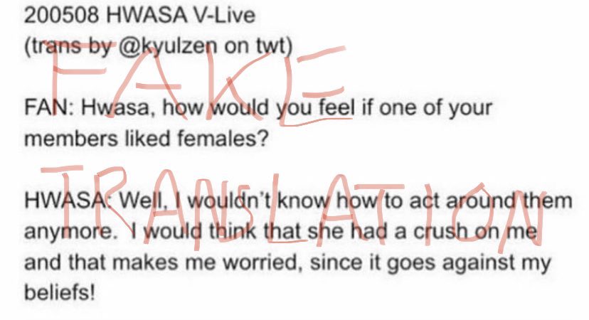 8. “Hwasa is homophobic.”Absolutely wrong, she never even said anything remotely homophobic. The VLIVE in the following made up translation did not happen. Hwasa did not do a livestream on that date.