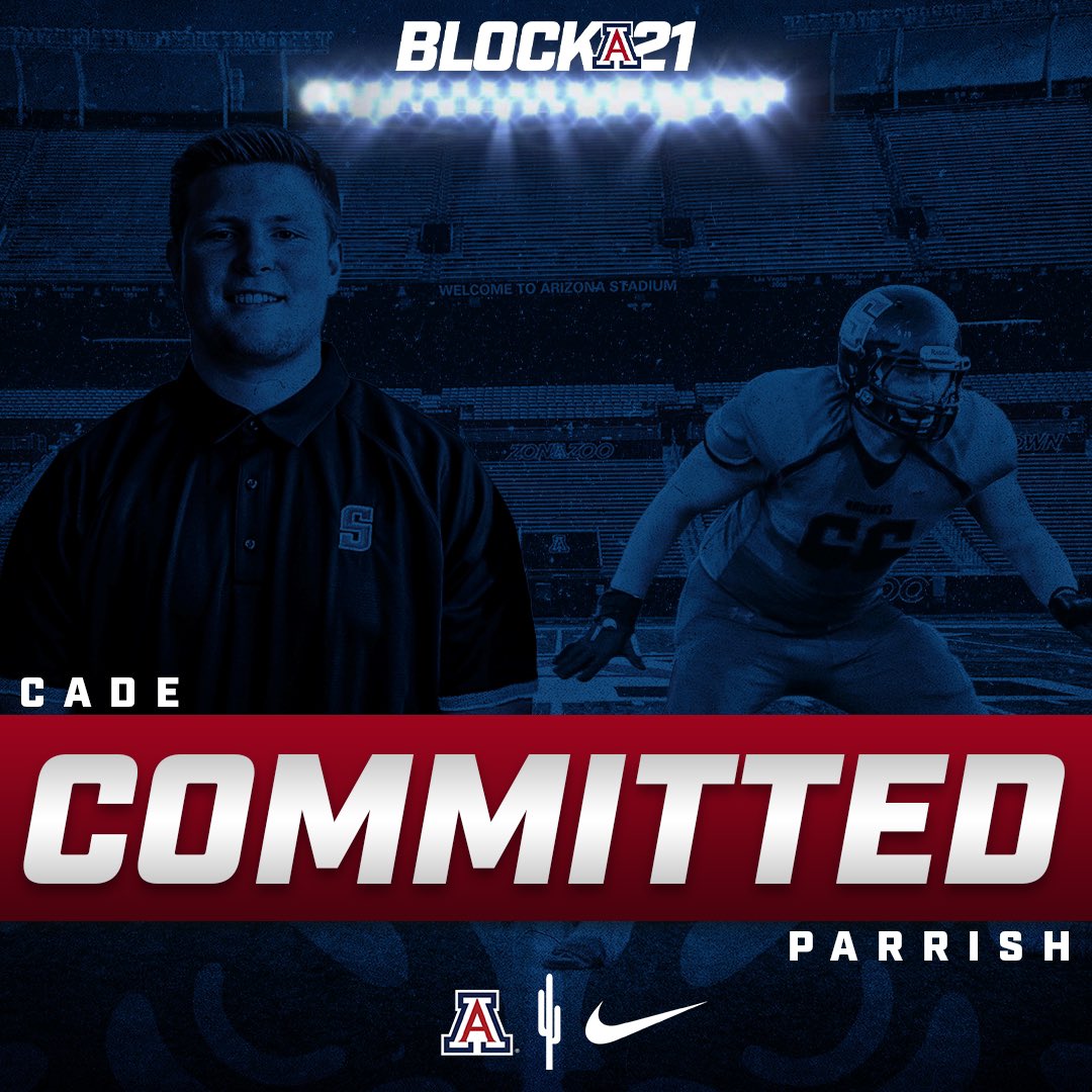 cadeparrish77's tweet photo. I have waited my entire life to play football and be apart of a Power 5 program, today that wish comes true! I could not be more excited to announce that I have committed to The Universityof Arizona!! Iโd like to thank God, my family and every coach that has made this dream true! https://t.co/A8CiU6iBVw