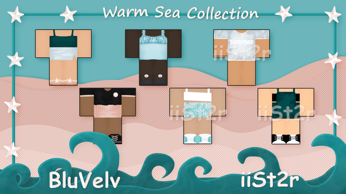 rblxveluvie's tweet image. 🌊WARM SEA COLLECTION🌊
Collab with @iiSt2r 

All designs are linked below!

🐚 New Month, New Collection- I had SO MUCH fun creating this, and the background, text, etc was designed by me from scratch. Photoshop has been kind to me.💝
#roblox #robloxcollab #robloxclothing