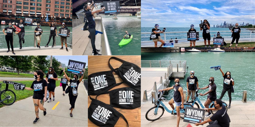 legacymarketing's tweet photo. We're partnering with the City of Chicago by spreading awareness of the city’s “We are All One Home Team” campaign. Watch for our Street Team this weekend & grab a mask! Don’t forget to keep socially distant, wash your hands & WYDM (wear your damn mask). #TeamUpMaskUp #WYDM https://t.co/jvSGw5Vwsx