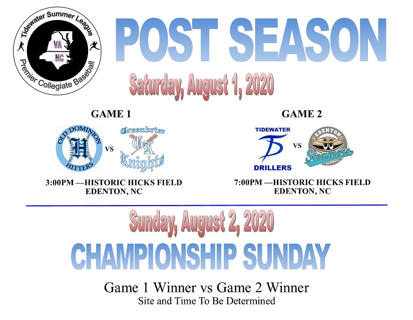 TidewaterSummer's tweet photo. TSL's 2020 Post Season begins today with games at 3:00pm &amp; 7:00pn at Historic Hicks Field in Edenton, NC. https://t.co/aFiIqqMOui