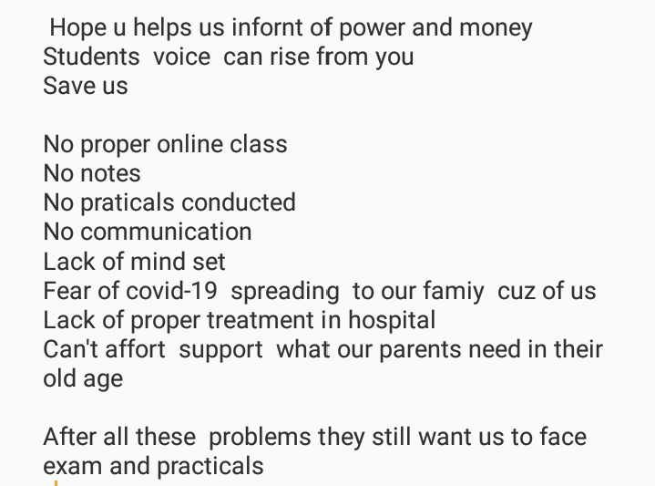 PAVANHG3's tweet photo. #cancelfinalyearexams
#SaveStudentslife
#StudentsLifeInDanger
Central govt is not in favour of student life and future
Not even word
Help us
@RahulGandhi
@DKShivakumar
@CmSiddramaiah4
@ArvindKejriwal
@hd_kumaraswamy
@MamataOfficial
@mkstalin
@Udhaystalin https://t.co/TSiVmowYcv