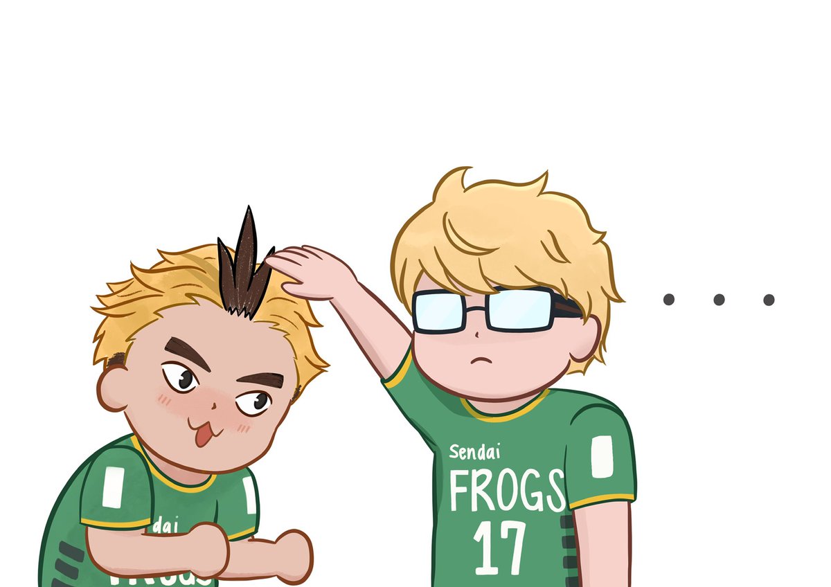 lavendori's tweet image. koganegawa has no idea that tsukki has a soft spot for a certain starter pokémon. he’s just eager to take what he can get.

anyway give me more sendai frogs interactions please 😤 #haikyuu