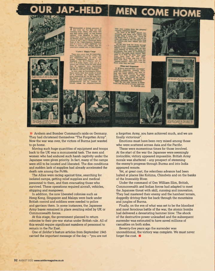 Very happy to have contributed an article on VJ Day to the August issue of Soldier Magazine. They really have gone the extra mile to ensure that the British and Commonwealth forces that fought in the Far East are not forgotten. Take a look at Soldier Magazine on line  #VJDay75