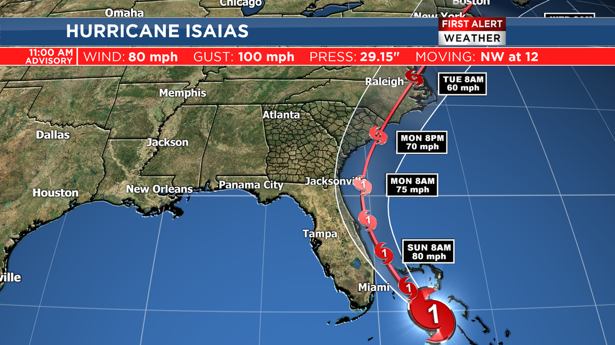 11am Hurricane Isaias update shows no change to track or timing. Forecast to pass just east Monday as a tropical storm. Heaviest rains-strongest winds should remain offshore. Expect rain-gusty winds Monday especially closer to the coast. Next forecast track is issued at 5pm.