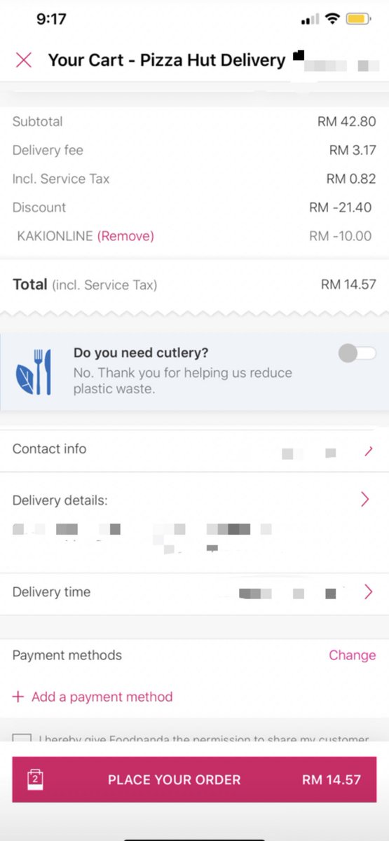 biesism's tweet photo. Hi gaiz, i nak share dgn korang mcm mana nak jimat bila order foodpanda. Mcm dalam gambar tu i order pizza regular + pasta dengan harga RM14.57 (np:RM42.80) and STARBUCK harga RM10.67 (np:RM20.67) diskaun berbeza pada hari/masa berlainan. So this is thread. Semoga bermanfaat ☺️ https://t.co/t6kJiACT1X