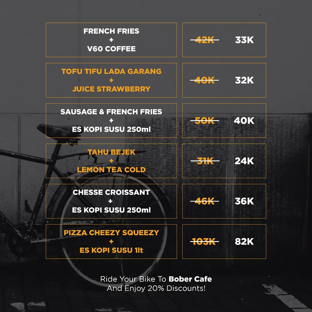 Kapan lagi makan enak habis gowess?! Cuss ah! Bawa sepeda kamu besok dan dapatkan diskon 20% untuk menu yang sudah dipilih oleh Bober 😎 Jangan lupa ajak temen-temen kamu yang suka gowes juga yaa!