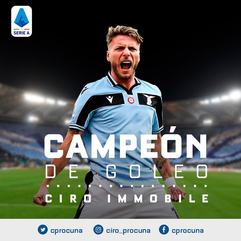 cprocuna's tweet photo. Ciro Immobile conquista la Bota de Oro y el Capocannoniere luego de que Cristiano no jugará el último partido de Serie A.   

El delantero de la Lazio aún puede aumenta la cifra de 35 goles y superar el récord (36) de Higuaín. ¿Lo hará? 

¡Fantástica temporada del italiano! 👏🏼👏🏼 https://t.co/HrtwVp75OT