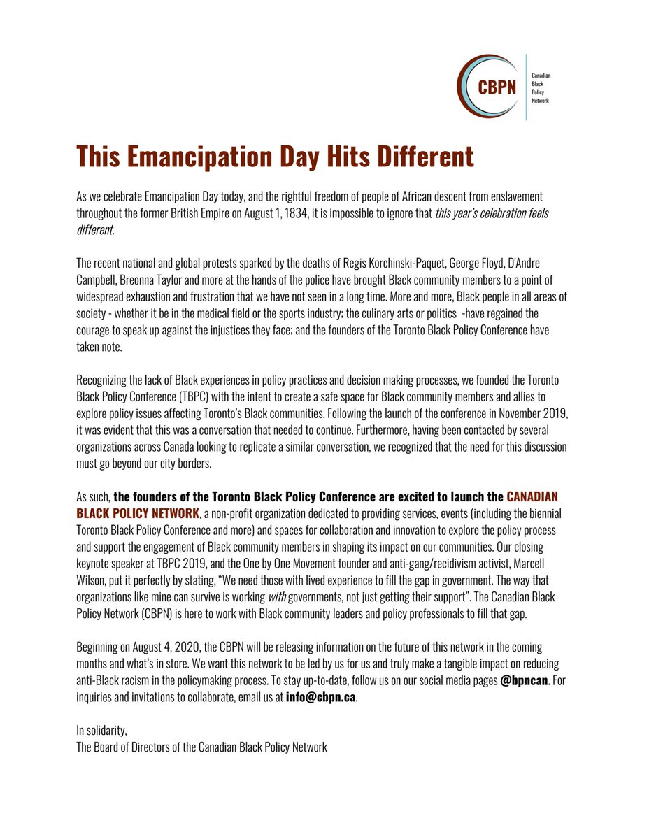 A Letter from the founders of the Toronto Black Policy Conference. #EmancipationDay ✊🏿