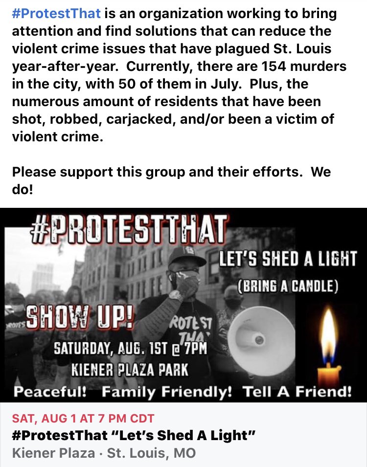 ModelShaw's tweet photo. #ProtestThat is an organization working to bring attention &amp; find solutions that can reduce the violent crime issues in #STL. Currently, there are 154 murders in the city, with 50 of them in July.
Please support this group and their efforts.  We do! https://t.co/odapjzisId