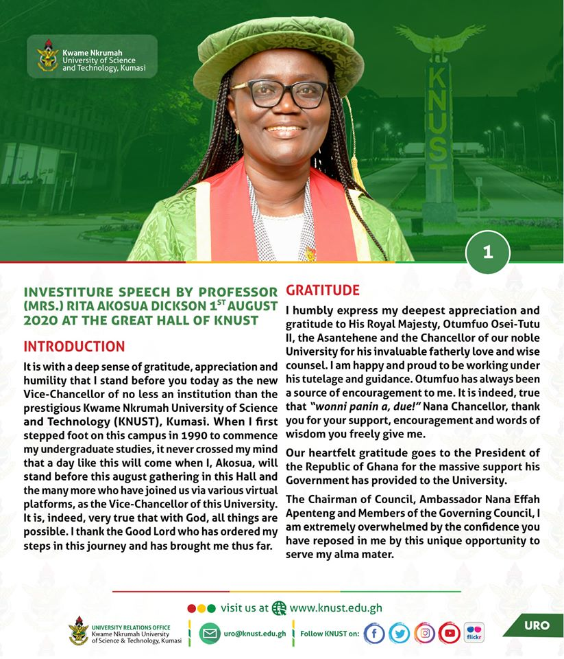 KNUST_Live's tweet photo. THREAD;

Read Investiture Speech of Prof. [Mrs.] Rita Dickson here;

1. [On Gratitude and The Challenges Before Us]

#WelcomeProfDickson
#KNUSTLive https://t.co/yxBRH7ivfn