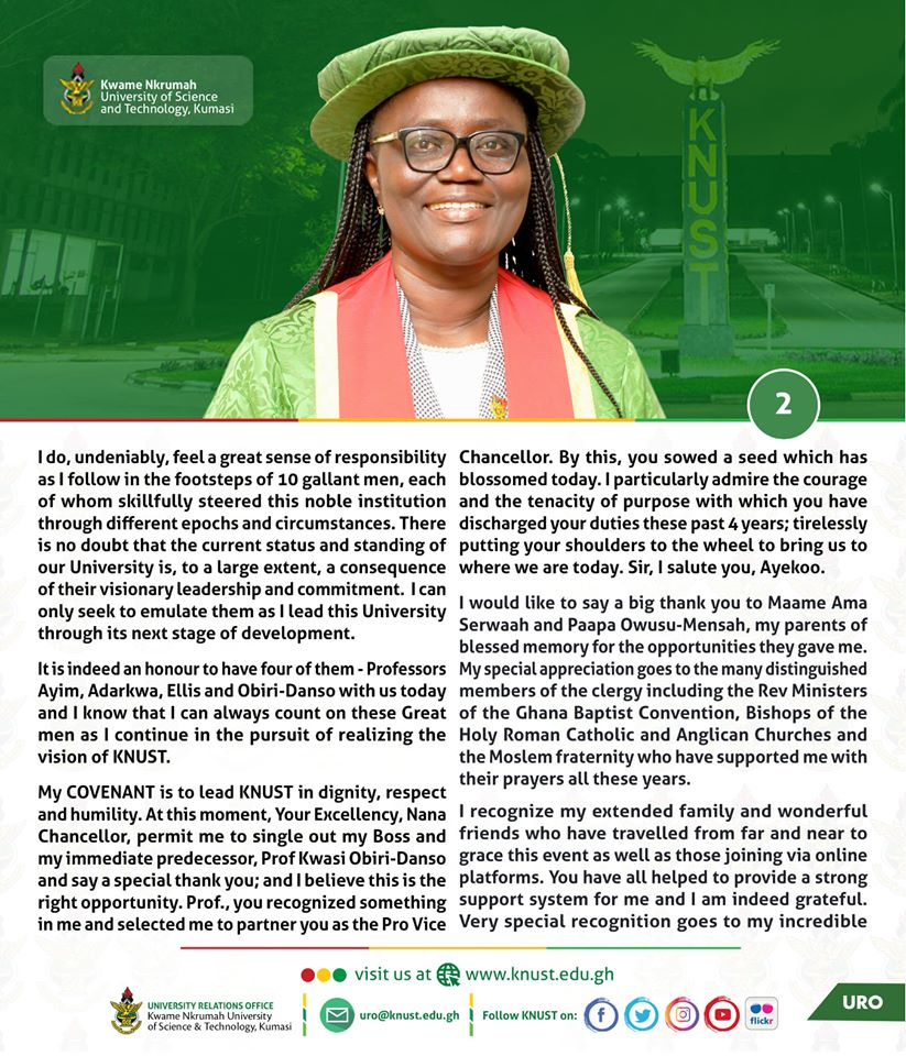KNUST_Live's tweet photo. THREAD;

Read Investiture Speech of Prof. [Mrs.] Rita Dickson here;

1. [On Gratitude and The Challenges Before Us]

#WelcomeProfDickson
#KNUSTLive https://t.co/yxBRH7ivfn