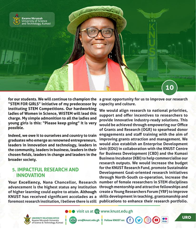 KNUST_Live's tweet photo. ...cont'd 

[On Her Vision - Entrepreneurship Drive for Students, Impactful Research and Innovation, Infrastructure Development, Community and Stakeholder Engagement, Resource Generation and Management]

#WelcomeProfDickson
#KNUSTLive https://t.co/2YxqFhOnZp