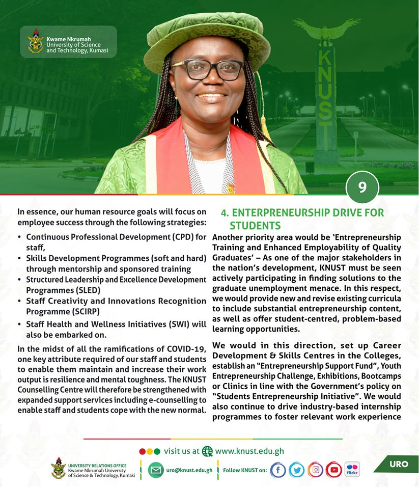KNUST_Live's tweet photo. ...cont'd 

[On Her Vision - Entrepreneurship Drive for Students, Impactful Research and Innovation, Infrastructure Development, Community and Stakeholder Engagement, Resource Generation and Management]

#WelcomeProfDickson
#KNUSTLive https://t.co/2YxqFhOnZp