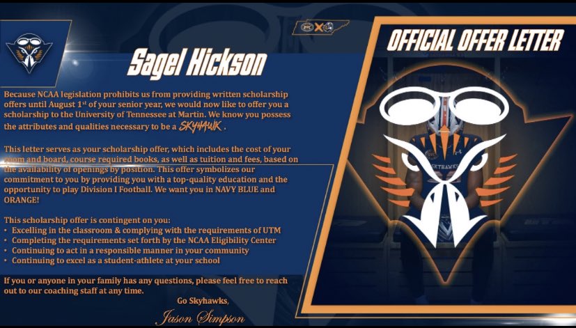 SagelHickson's tweet image. Blessed to receive a full-ride to the University Tennessee Martin 🔵🟠 @speedline04 @CoachDaveMarino