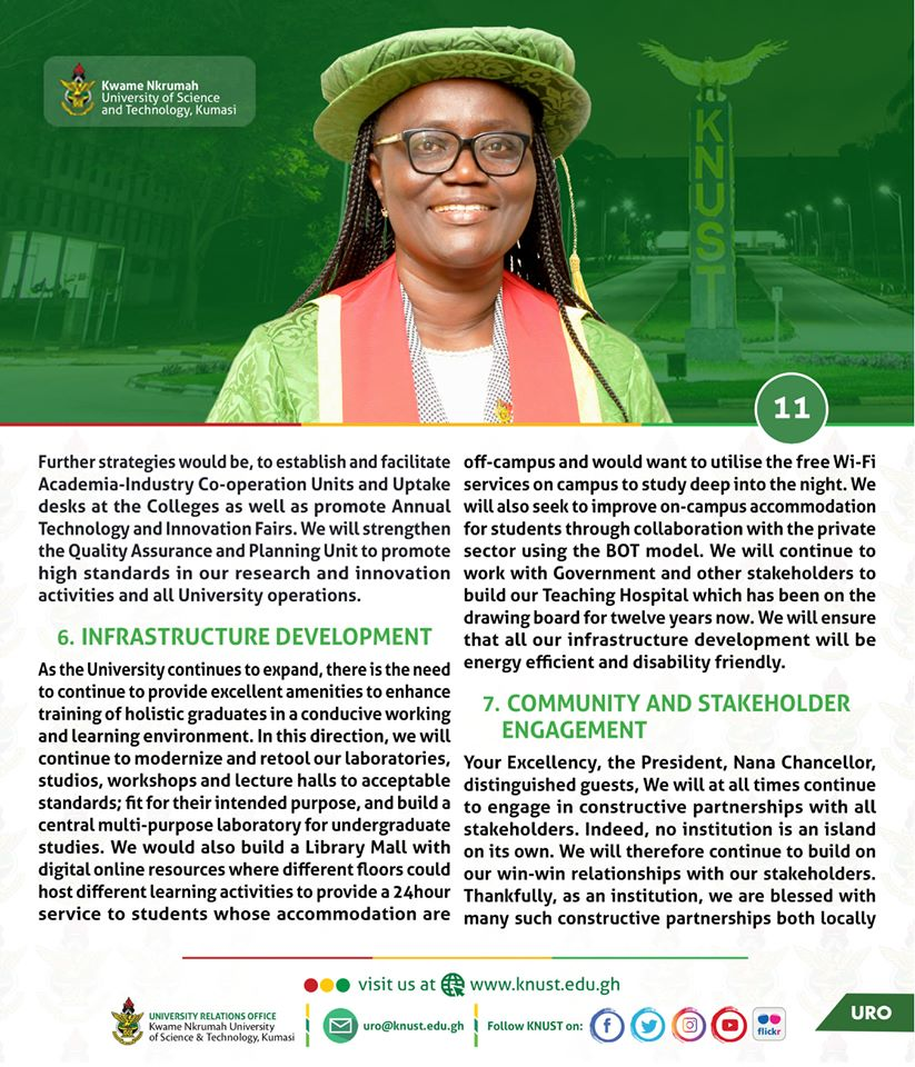 KNUST_Live's tweet photo. ...cont'd 

[On Her Vision - Entrepreneurship Drive for Students, Impactful Research and Innovation, Infrastructure Development, Community and Stakeholder Engagement, Resource Generation and Management]

#WelcomeProfDickson
#KNUSTLive https://t.co/2YxqFhOnZp