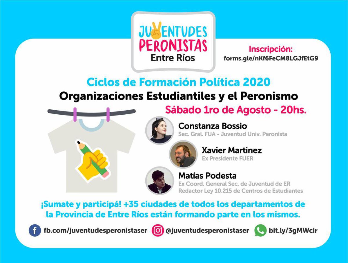 XxavierMartinez's tweet photo. Hoy sábado 1 de agosto tendré el gusto de compartir una charla del ciclo de formacion política de #JuventudesPeronistas de Entre Rios disertando con la compañera @CotiBossio_ @JUPNacionalOK @jup_entrerios https://t.co/XGS4MhO99X
