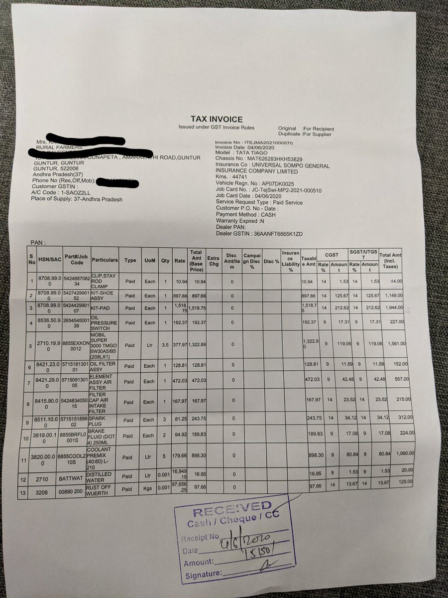 ashokreddysomu's tweet photo. @TataMotors 
I own a tata Tiago since 3 years,I was quiet happy with the car performance.recently I gave my car for service at 44741kms in Hyd(TS) with brk &amp;a/c complaint.sur the bill turned to rs15150 after 10% discount🤐.the labour charges are ridiculous!! https://t.co/ayC38wEt9Q