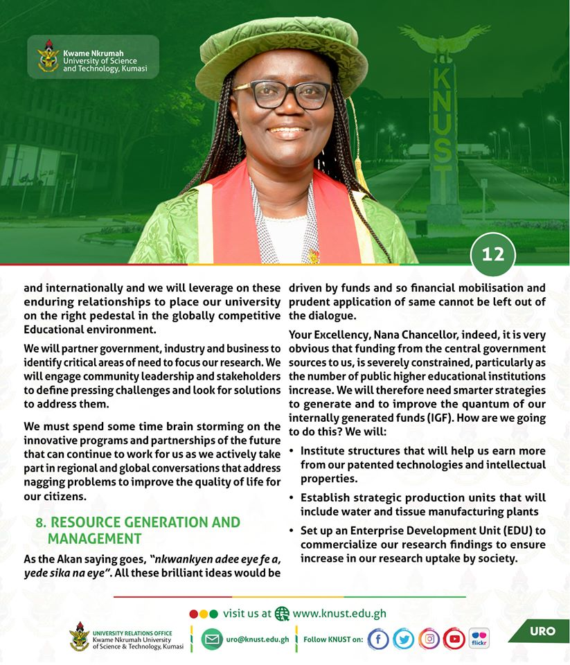 ...cont'd 

[On Her Vision - Entrepreneurship Drive for Students, Impactful Research and Innovation, Infrastructure Development, Community and Stakeholder Engagement, Resource Generation and Management]

#WelcomeProfDickson
#KNUSTLive
