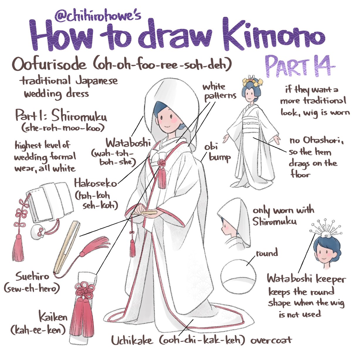  #kimono Part 14: ShiromukuThere are several types of wedding kimono in Japan.Shiromuku is the oldest type.Typically it’s all white, but sometimes they put accents (red or gold).The wedding kimono has the longest sleeves, around 114cm long.