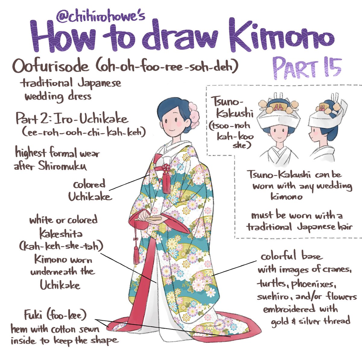  #kimono Part 15: Iro-UchikakeAnother form of wedding kimono.Iro means color, and this one is more colorful. If a headpiece is to be worn, it would be the Tsuno-Kakushi, worn with a specific type of Japanes hairstyle called “文金高島田 (Bunkin Takashimada)”