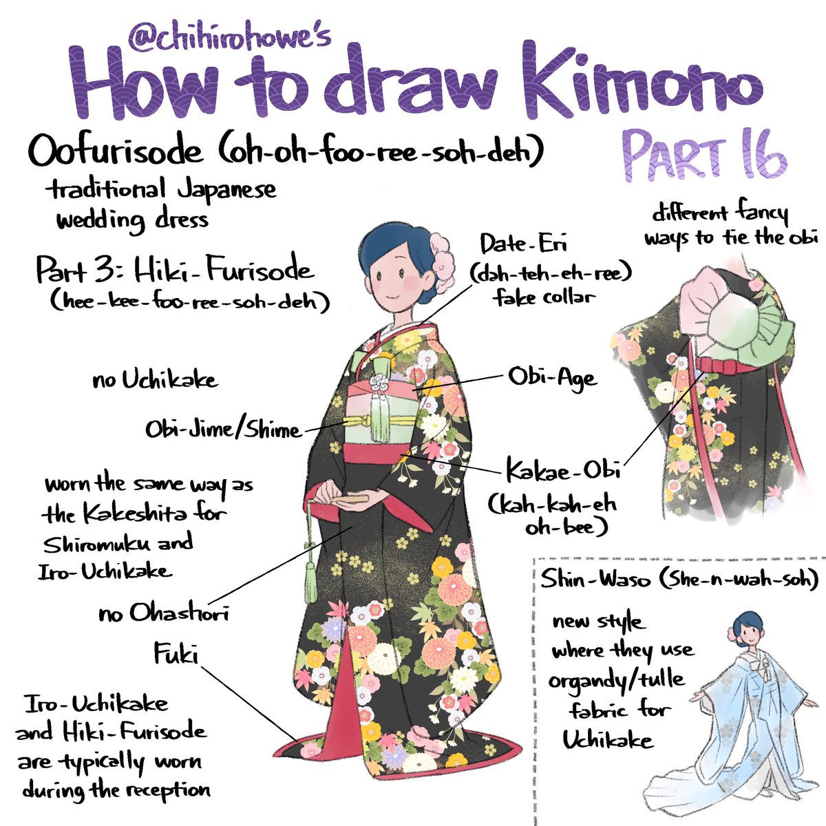  #kimono Part 16: Hiki-FurisodeThese wedding kimono can be styled with “Japanese hair” (traditional style) or “Western hair” (typical updo).If the hair is long enough it can be styled into the Japanese hair by itself, but if it’s short “half wig” or “whole wig” can be used.