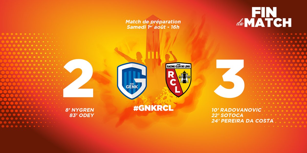 RCLens's tweet photo. (2-3) Victoire du Racing face à @KRCGenkofficial pour ce quatrième match de préparation ! #préparation #GNKRCL #rclens https://t.co/Kwpr9ugME6