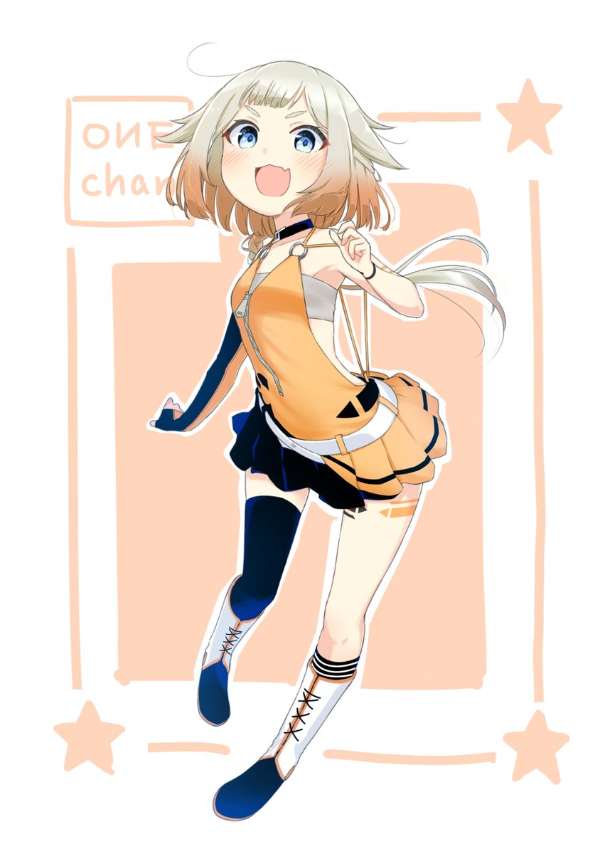 1girl solo blue eyes orange dress open mouth thighhighs asymmetrical legwear  illustration images