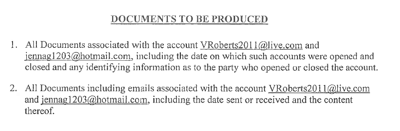 A similar subpoena was sent to Microsoft (pg 2125) asking for the full contents of two accounts. Given all the objections and bitching about "kitchen sink" discovery by Ghislaine, it's ironic that these subpoenas have no limitation in scope.