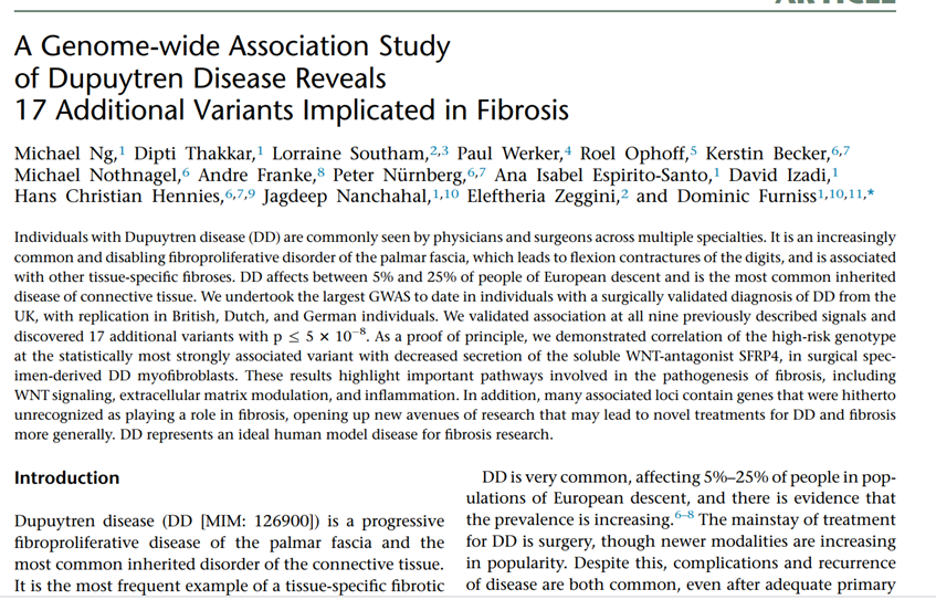 (7/n) If you like this, the strongest GWAS I can find on Dupuytren's is in this 2017 paper:  https://www.ncbi.nlm.nih.gov/pmc/articles/PMC5591021/@EleZeggini
