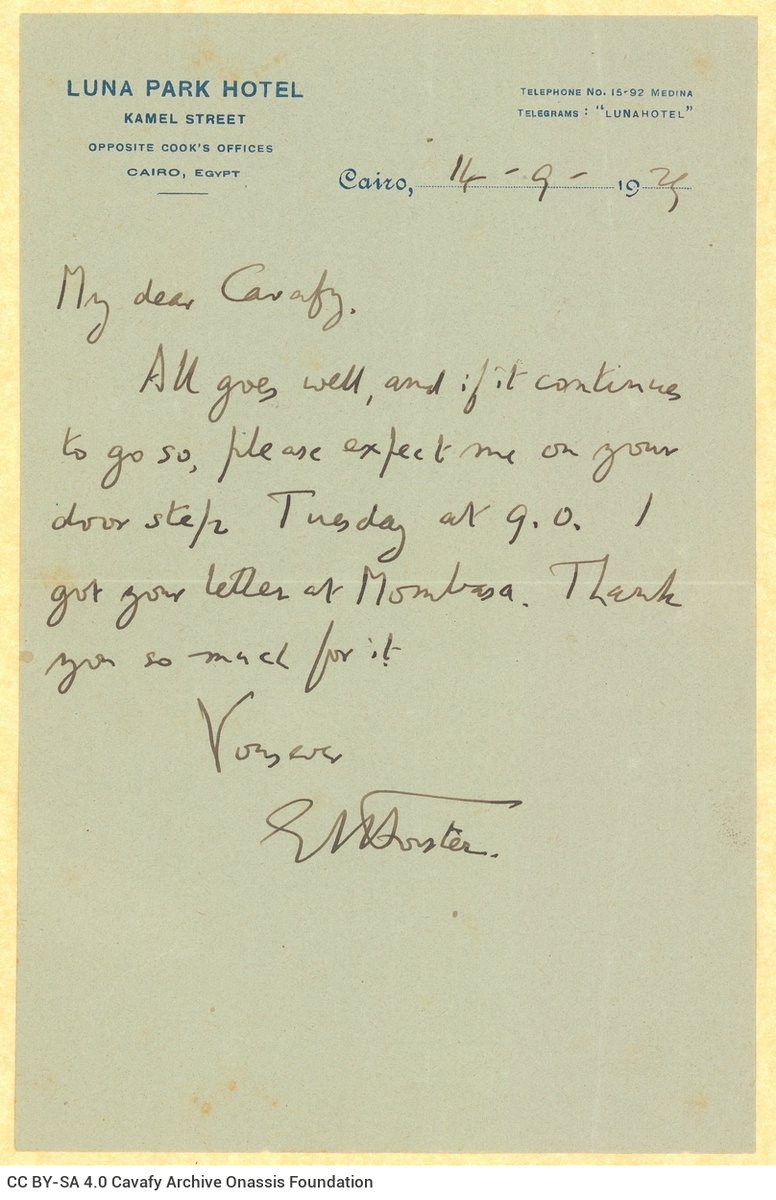 HotemsP's tweet photo. Letter by E. M. Forster to Cavafy, 14/9/1929. 
Handwritten letter (and envelope) by E. M. Forster to Cavafy on a letterheaded paper of the Luna Park hotel, Cairo. Cavafy Archive, Onassis Foundation © 2016-2018 https://t.co/1q13Lv5bAv
@CCavafy @EM_Forster @forster2020 @OnassisUSA https://t.co/mVcJpDr0Xk