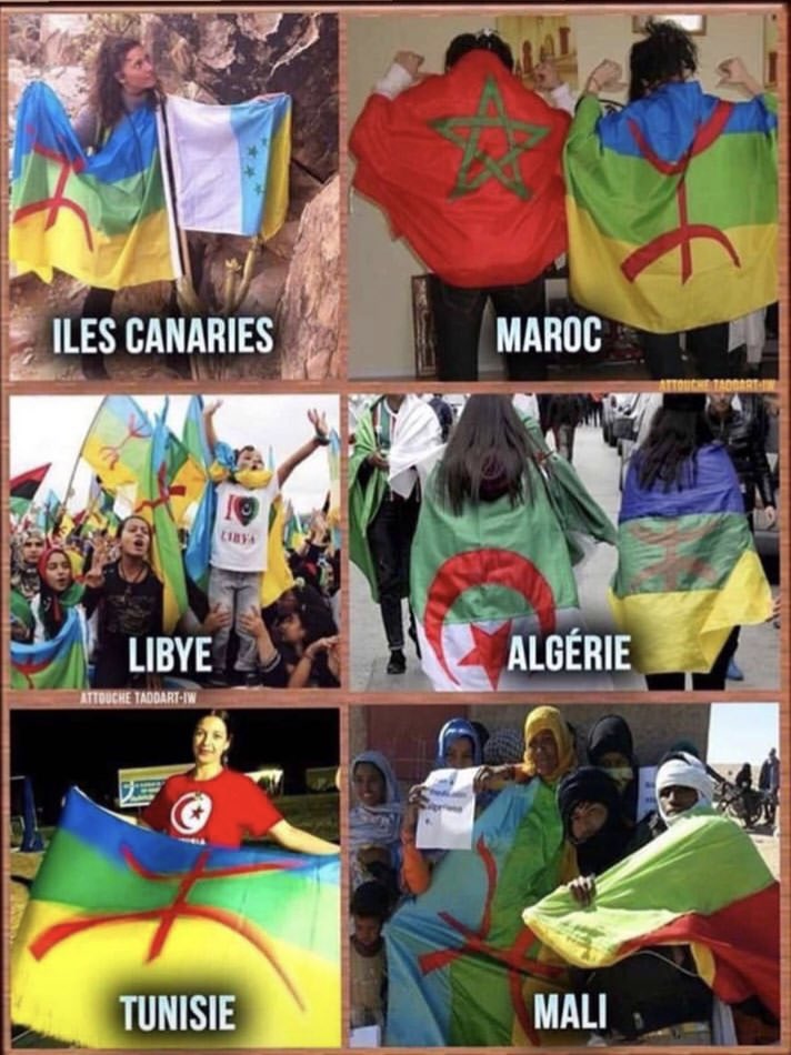 Donc ce drapeau n’est pas une invention occidentale comme certains veulent le faire croire, il réunit tous les peuples berbères d’afrique du nord, des Îles Canaries, au Maroc à la Libye en passant par l’Algérie, la Tunisie et le nord du Mali