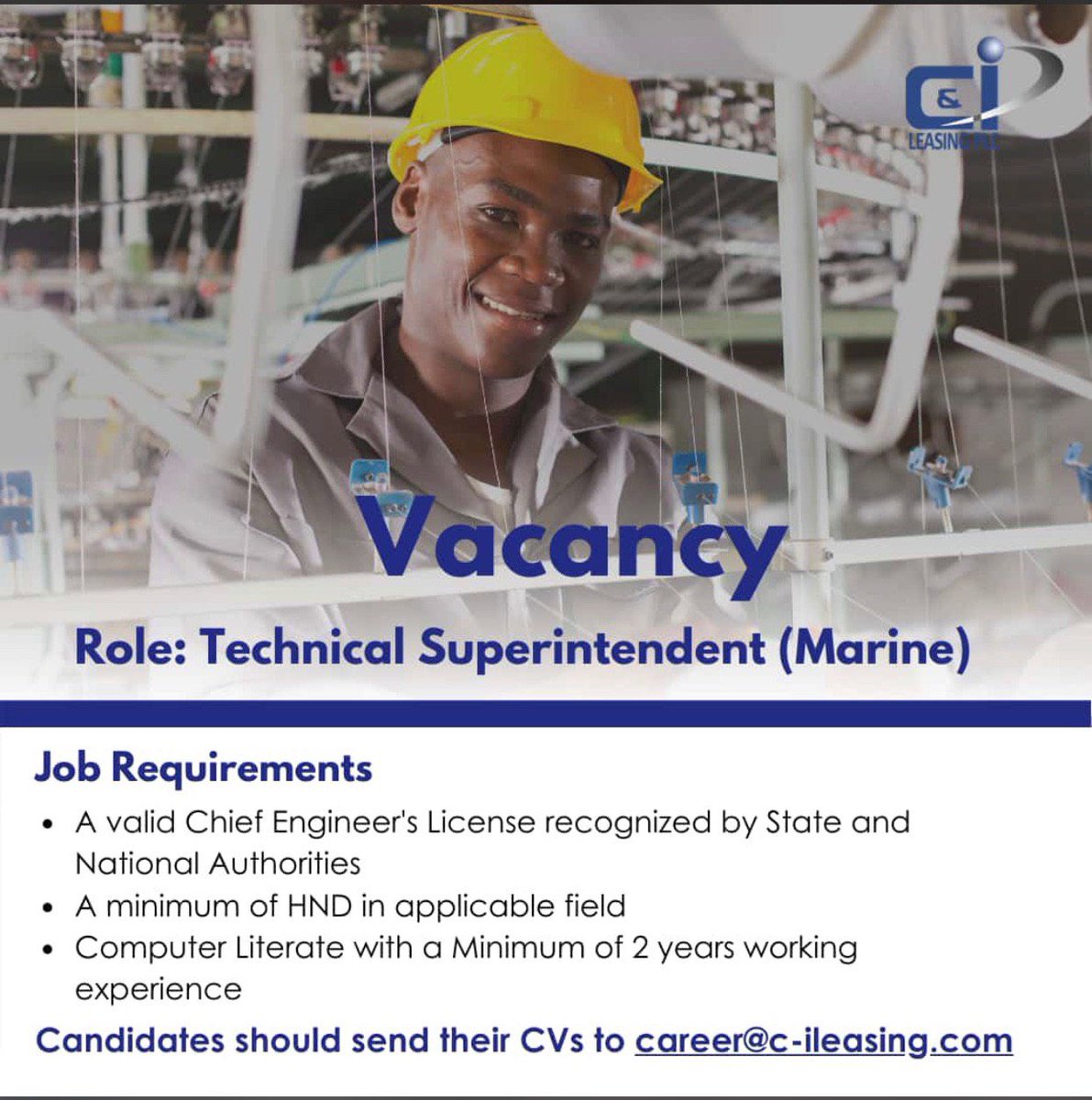 CILEASINGPLC's tweet photo. Please apply or spread the word!
#engineering #marine #vacancy #cimarine #cileasing #yourpreferredbusinesspartner https://t.co/9SG6LXqcxH