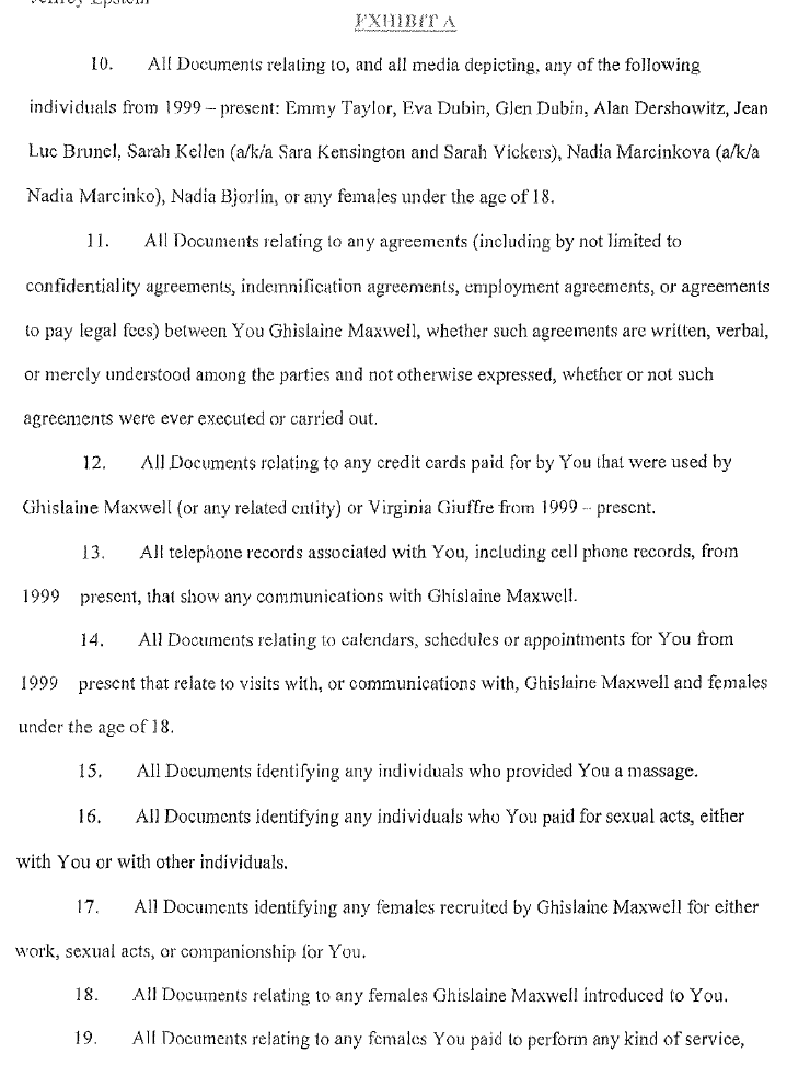 Here is a list of all of the items that were requested in the subpoena to  #Epstein