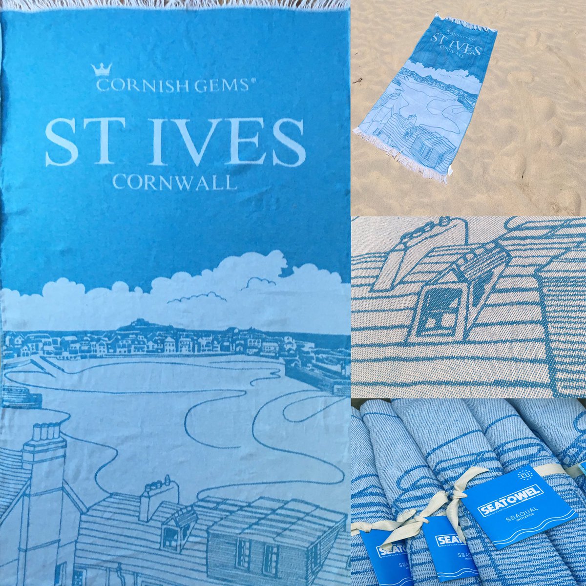 Our #sustainable #beachtowel is 40% made from #reclaimedplastic from the sea. Available exclusively in store and online for just £24.99 #seaqual #seatowel #stives #cornwall