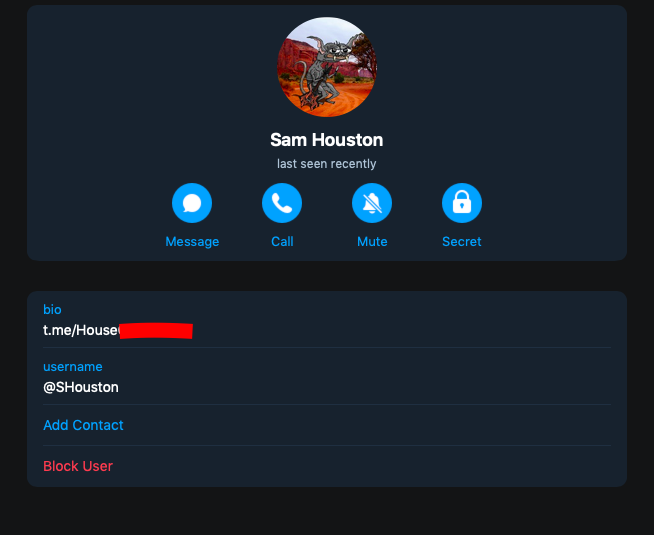 It is fairly obvious the Telegram channel is his as well, given the fact that he claims/advertises it on his Twitter account, posts about his Twitter/Sam Houston identity on the Telegram channel, and the operator of the channel is clearly Corey's "Sam Houston" psudonym 7/