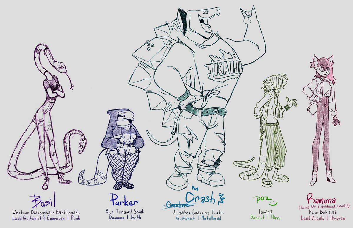 thinkin about Elizardbeth's again last night, & i remembered i drew Basil's band a while back! so i fixed & cleaned `em up a bit, starting to like the crew a lot ? tbh, Basil's arc has some of my fav moments in the whole concept overall ? 