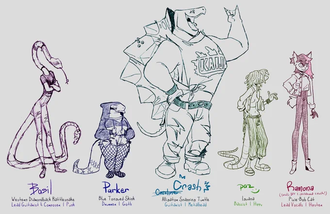 thinkin about Elizardbeth's again last night, &amp; i remembered i drew Basil's band a while back! so i fixed &amp; cleaned `em up a bit, starting to like the crew a lot ? tbh, Basil's arc has some of my fav moments in the whole concept overall ? 