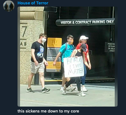 Corey also documents on his Telegram channel that he and his wife (who we'll get to in a minute) showed up to a Houston  #blacklivesmatter   protest and harrassed protesters. He supposedly yelled racial slurs at protesters, although this has not been 100% confirmed. 8/