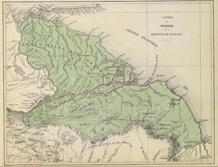 Venesequiba's tweet photo. Mapa de #AgustinCodazzi de 1840 Cantón #Piacoa, de la antigua provincia de #Guayana. Comprendía el actual estado #DeltaAmacuro y la costa del #Esequibo hasta el río #Moruca. Esta división político territorial existió entre 1830 y 1856 con un área de 63.667 km2. #barima #guaini 🇻🇪 https://t.co/6V8OSDT1p4