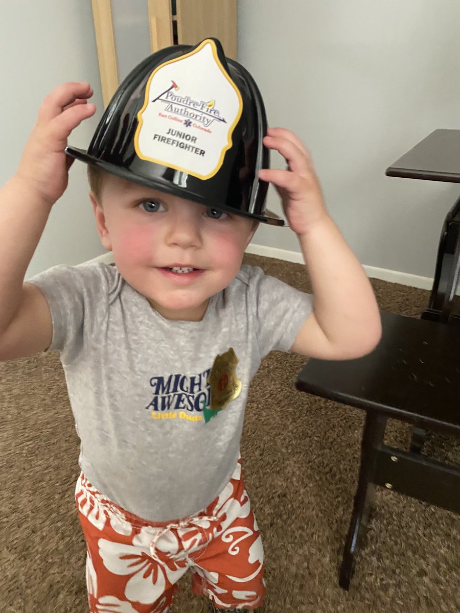 dansapienza's tweet photo. This junior firefighter really loves the men and women of @poudrefire! Thanks for the cool gear! Starting a long term obsession with fire trucks and firefighters I think. https://t.co/e2kcFUH3RR