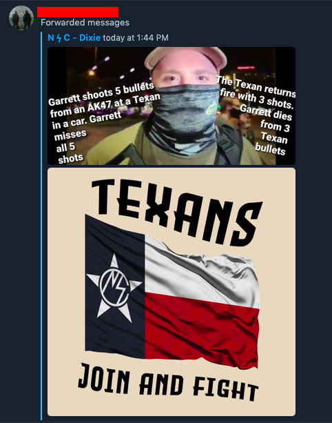 In addition we got an unexpected surprise! It looks like Corey is a hugeeee fan of the neo-Nazi group Nationalist Social Club (NSC). He reposts on twitter and Telegram many of their propaganda/recruiting photos, and seems to be friends on Twitter with Chris Hood, the founder 9/